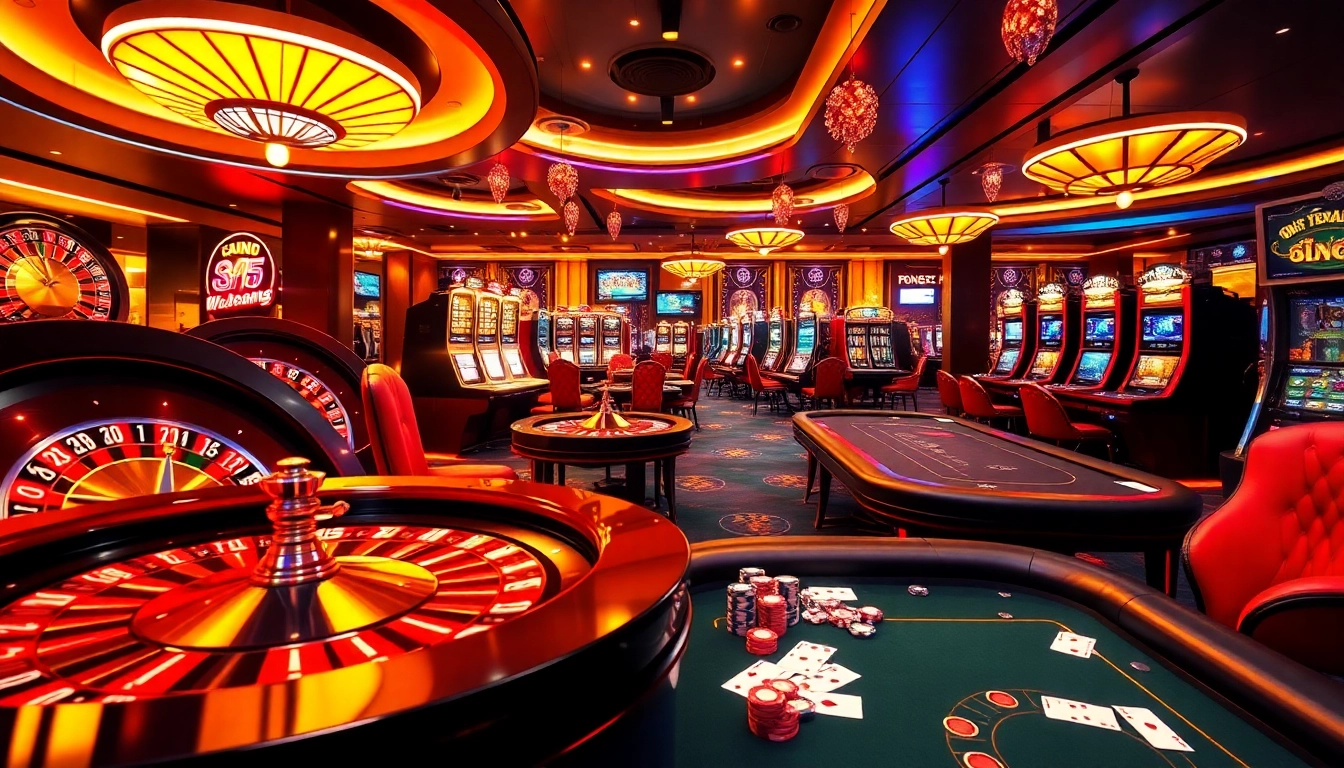 Exciting online gambling scene featuring roulette wheels and poker tables from https://f8betb1.com/.