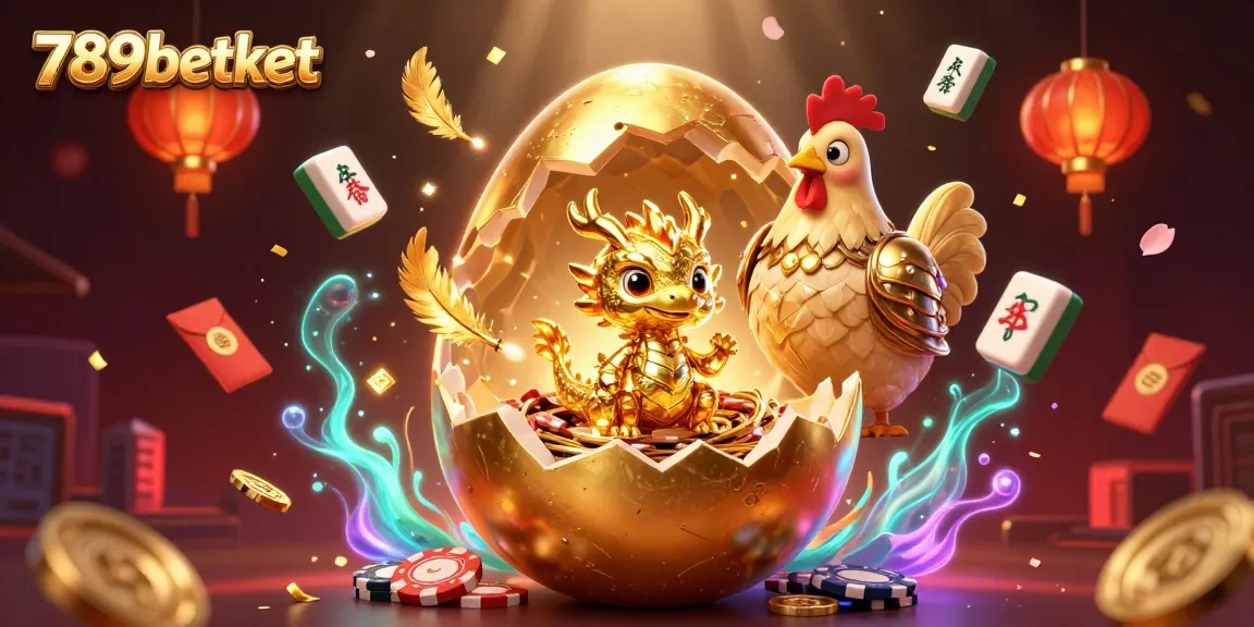 Experience thrilling gameplay at 789betket with a golden egg cracking revealing a treasure of poker chips.