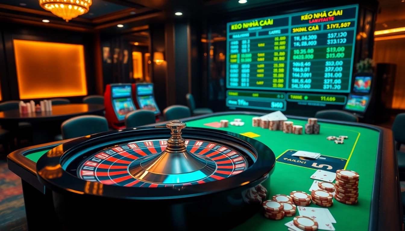 Experience thrilling sports betting with Kèo Nhà Cái at an upscale casino featuring vibrant chips and cards.