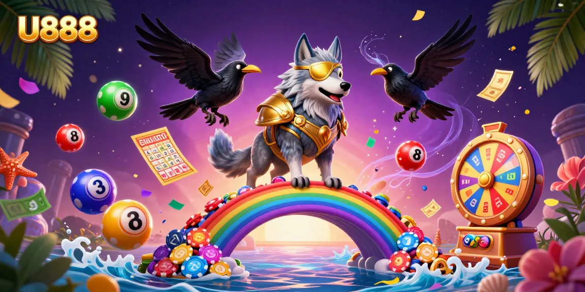 Engage in U888 with colorful lottery balls and a vibrant prize wheel in a lively casino scene.
