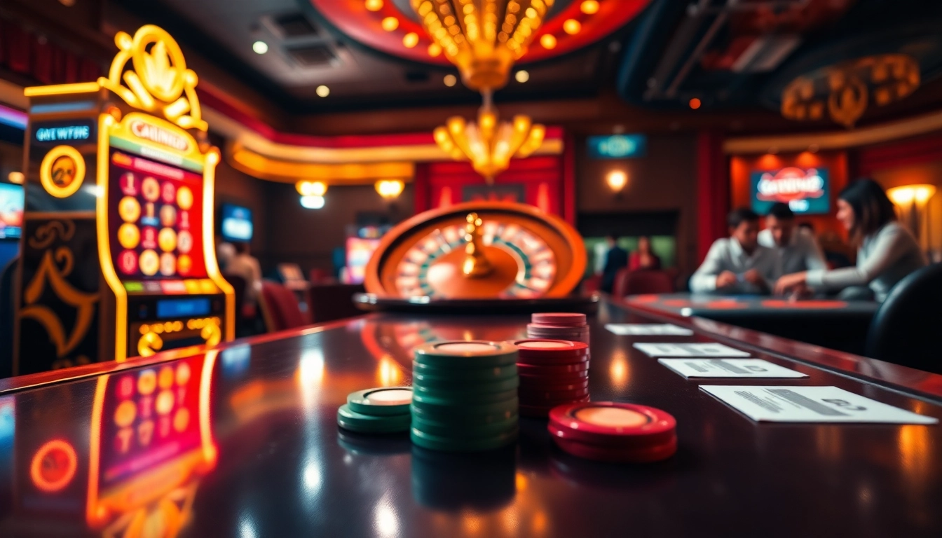 A thrilling scene showcasing players at a casino table and a slot machine at https://w188.today/ for an enhanced online gaming experience.