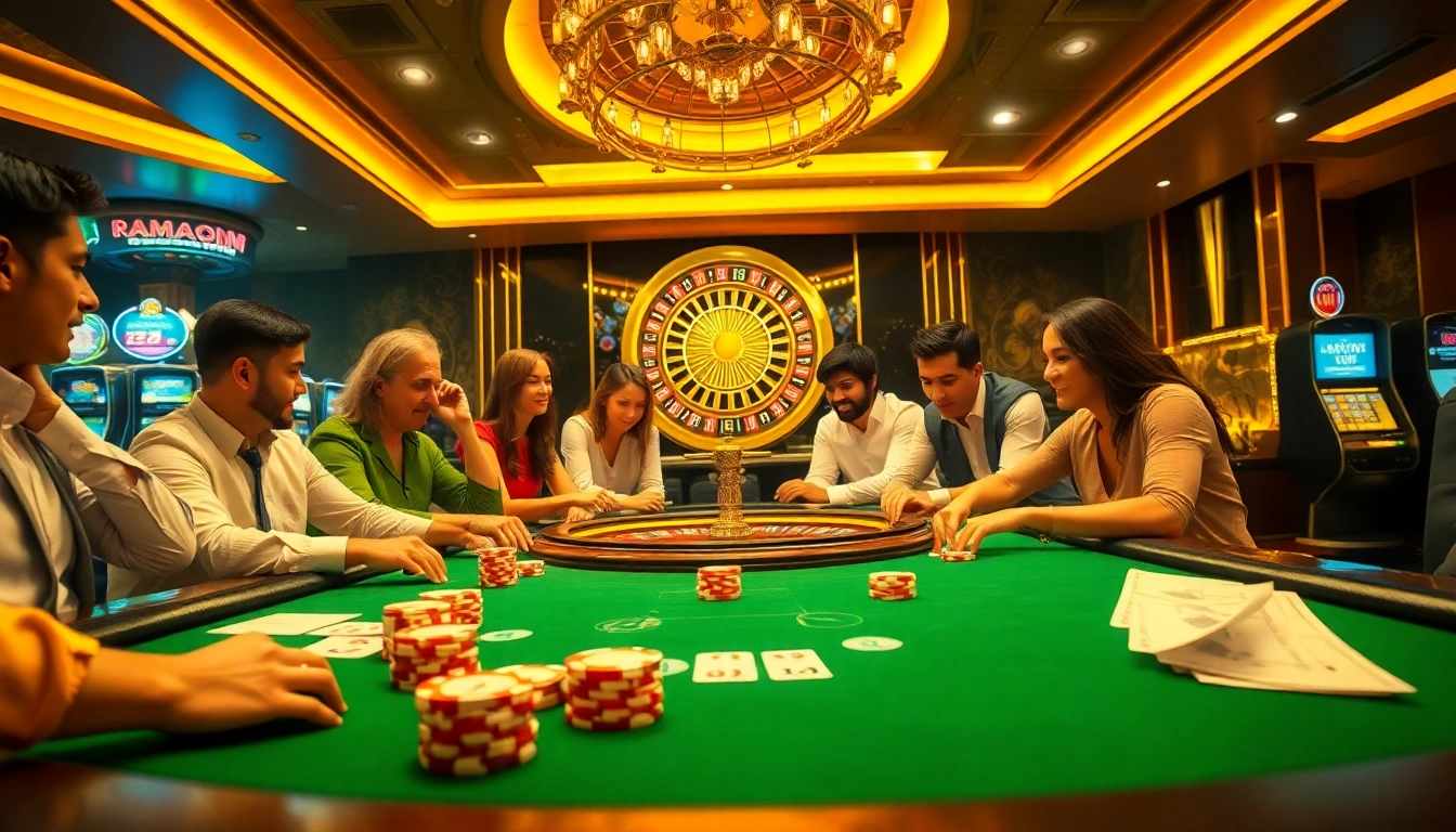 Players enjoying an exciting game at MMOO casino with rich poker chips and vibrant atmosphere.