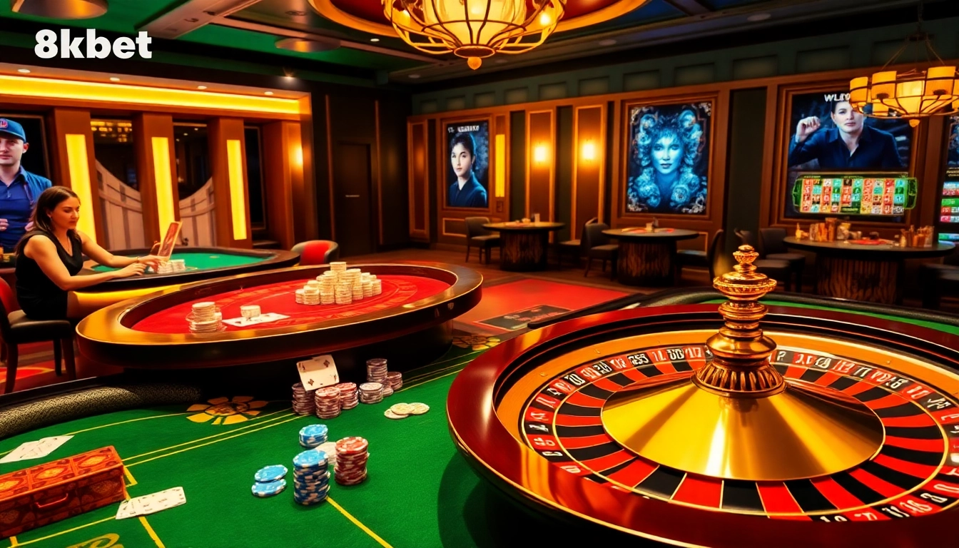 Experience the thrill of 8kbet with lively gambling scenes showcasing poker, roulette, and slots.