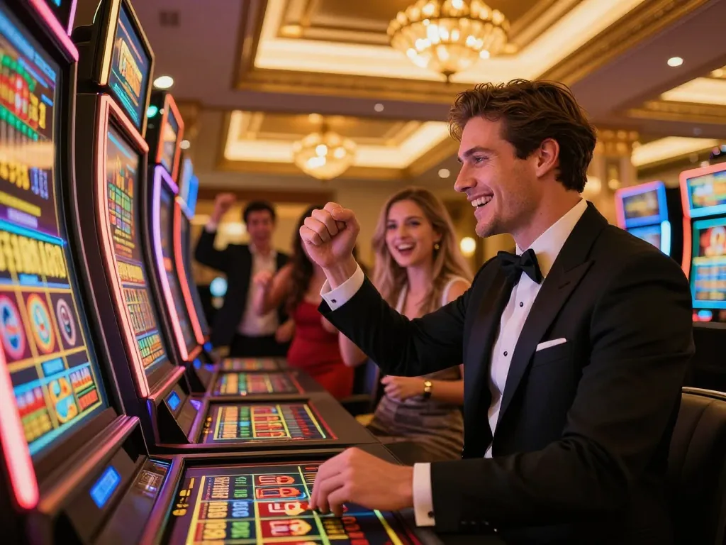 Player celebrating a big win at a slot machine, showcasing excitement at https://tg88.golf/ with friends cheering.