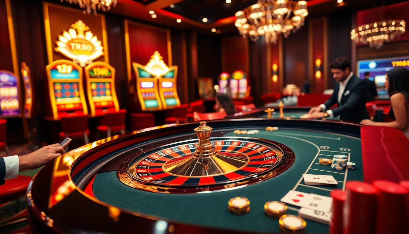 Experience tr88 gaming at its finest with a luxurious casino scene, featuring a roulette table and vibrant action.