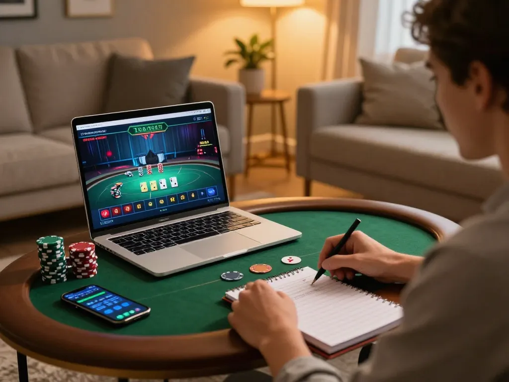 Player engaging in strategic gameplay on Haywin's online poker platform, surrounded by a cozy atmosphere.