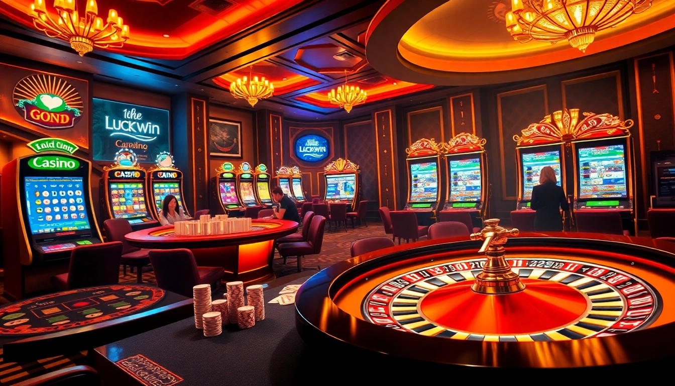 Experience the excitement of Luckywin with a vibrant casino scene featuring cards, chips, and roulette.