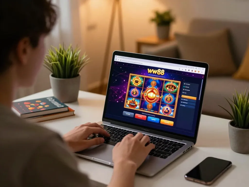 Engaged player enjoying ww88 online casino at home with vibrant game interface.
