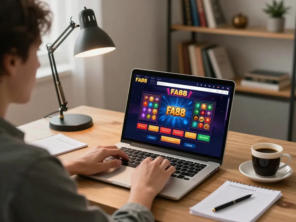 Engaging with FA88 online casino interface in a stylish home office while planning betting strategies.