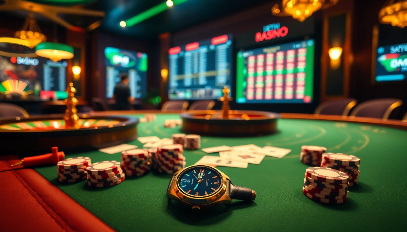 Engaging casino scene with LC88 smartwatch among poker chips and a roulette wheel.