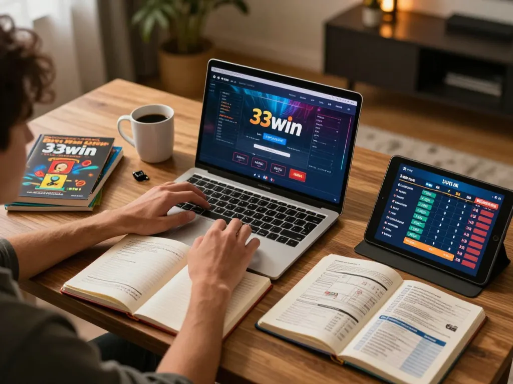 Engaging with 33win online casino platform from home, showcasing strategic gameplay and a cozy atmosphere.