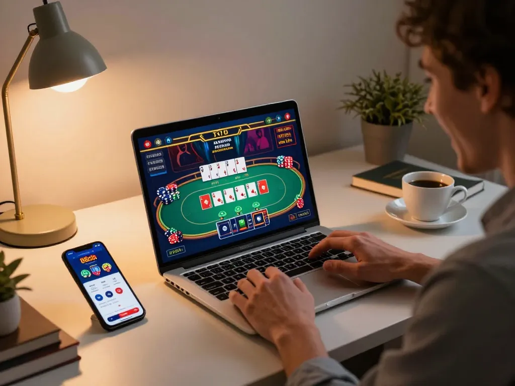 Player enjoying a winning poker game on 88clb while engaged with casino app and gaming setup.