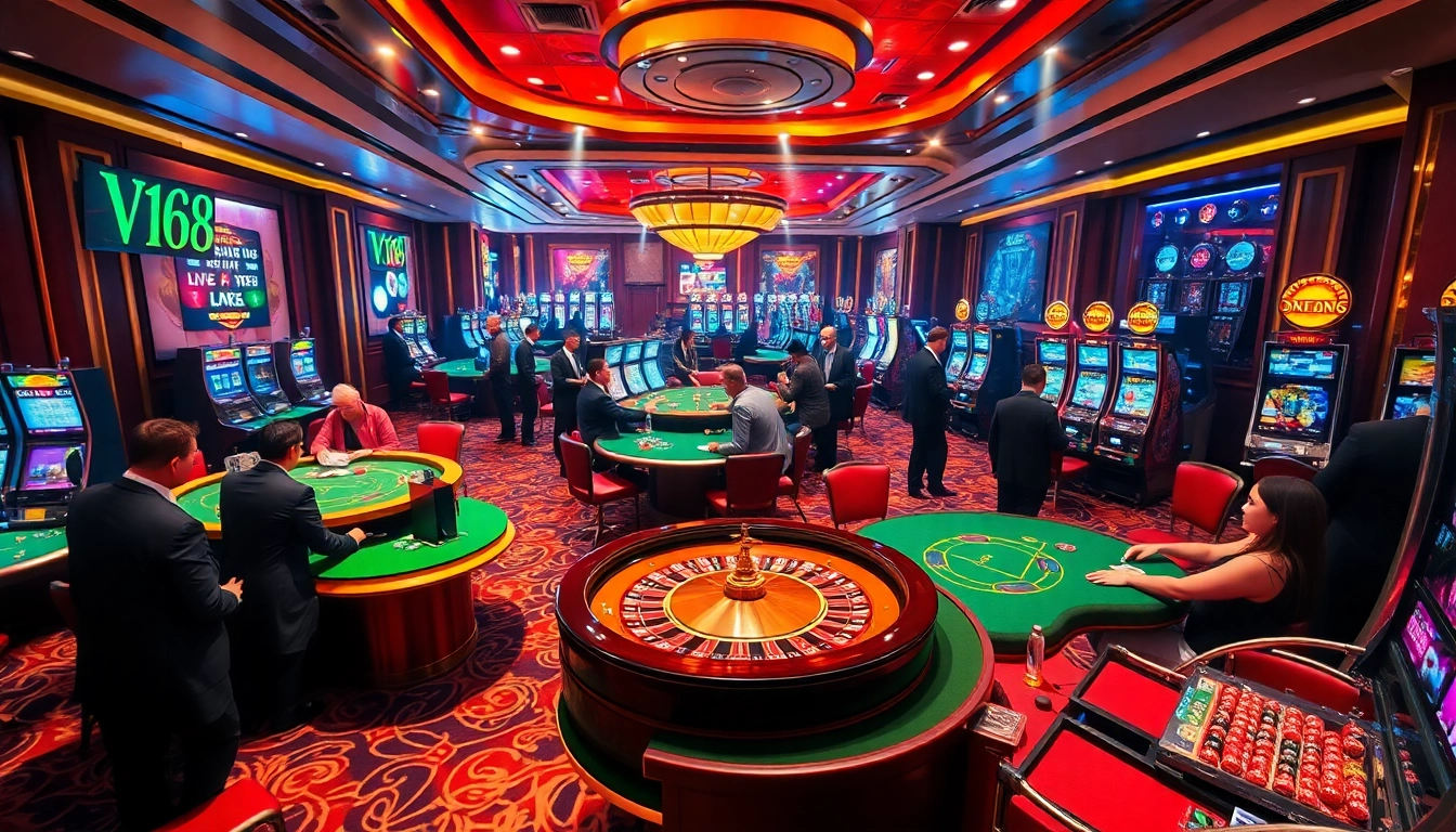 Experience high-stakes gaming at VN168 with luxury casino tables and vibrant slot machines.