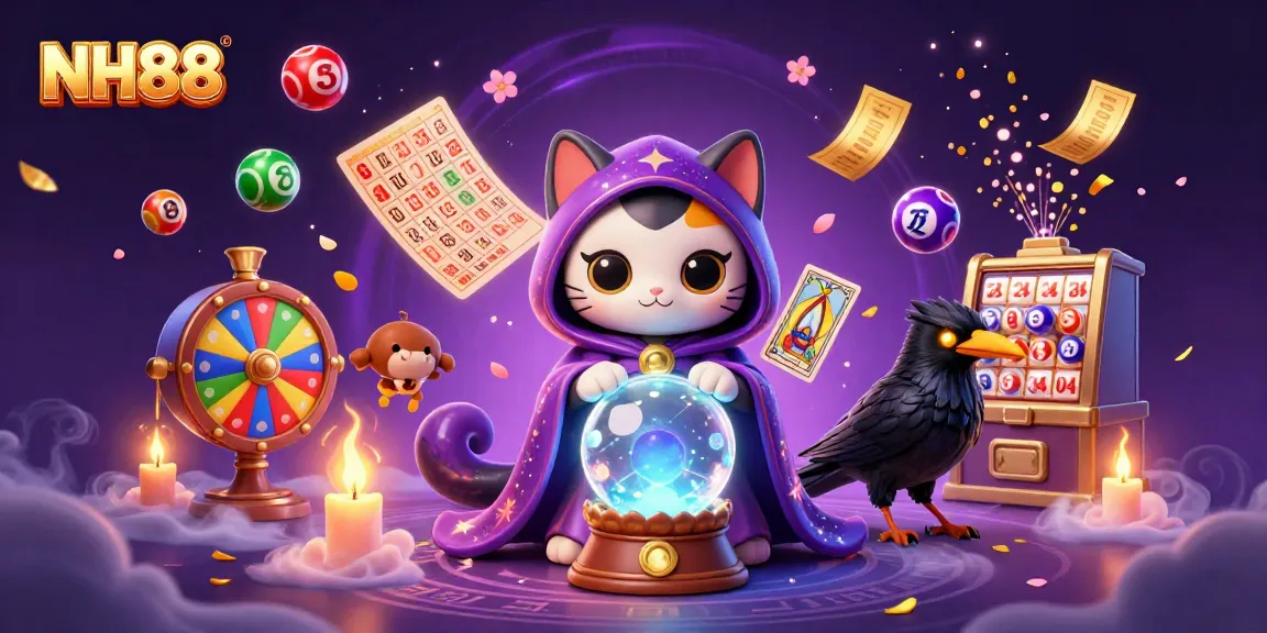 Experience the thrill of NH88 gaming with a vibrant 3D illustration of fortune teller cat, tarot raven, and lottery elements.