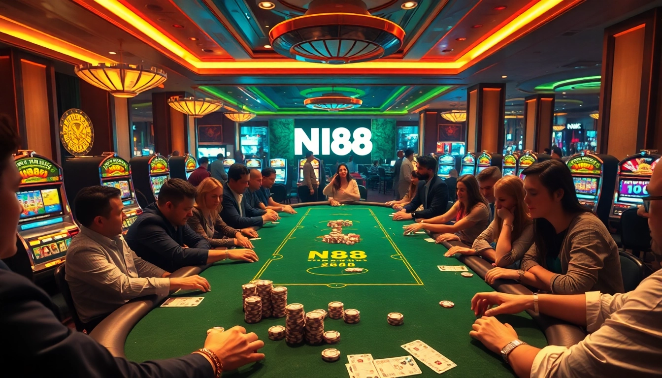 Players enjoying a thrilling poker game in a luxurious NK88 casino environment.