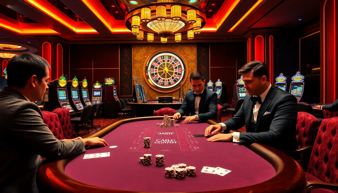 Engage with the vibrant kjc link casino scene filled with poker tables, roulette wheels, and colorful slot machines.
