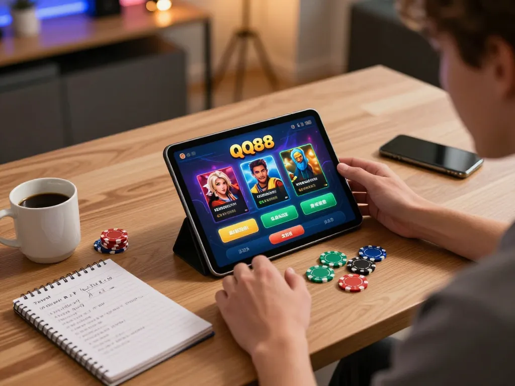 Person enjoying the QQ88 casino app on a tablet during a cozy gaming session at home.