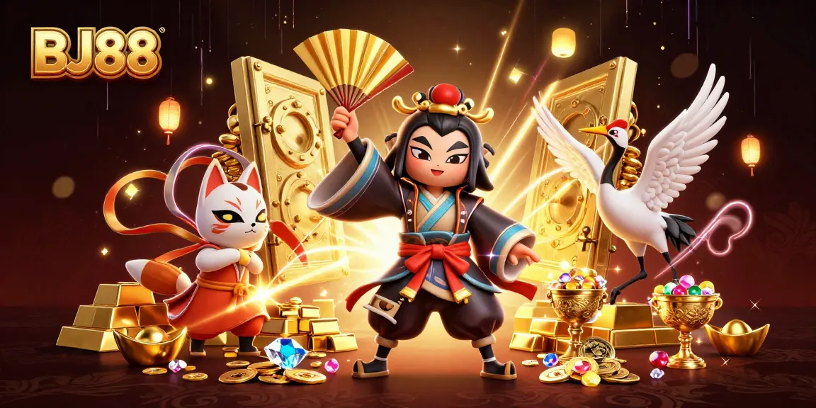 Win big at BJ88 with an energetic 3D illustration of dynamic casino elements and characters.