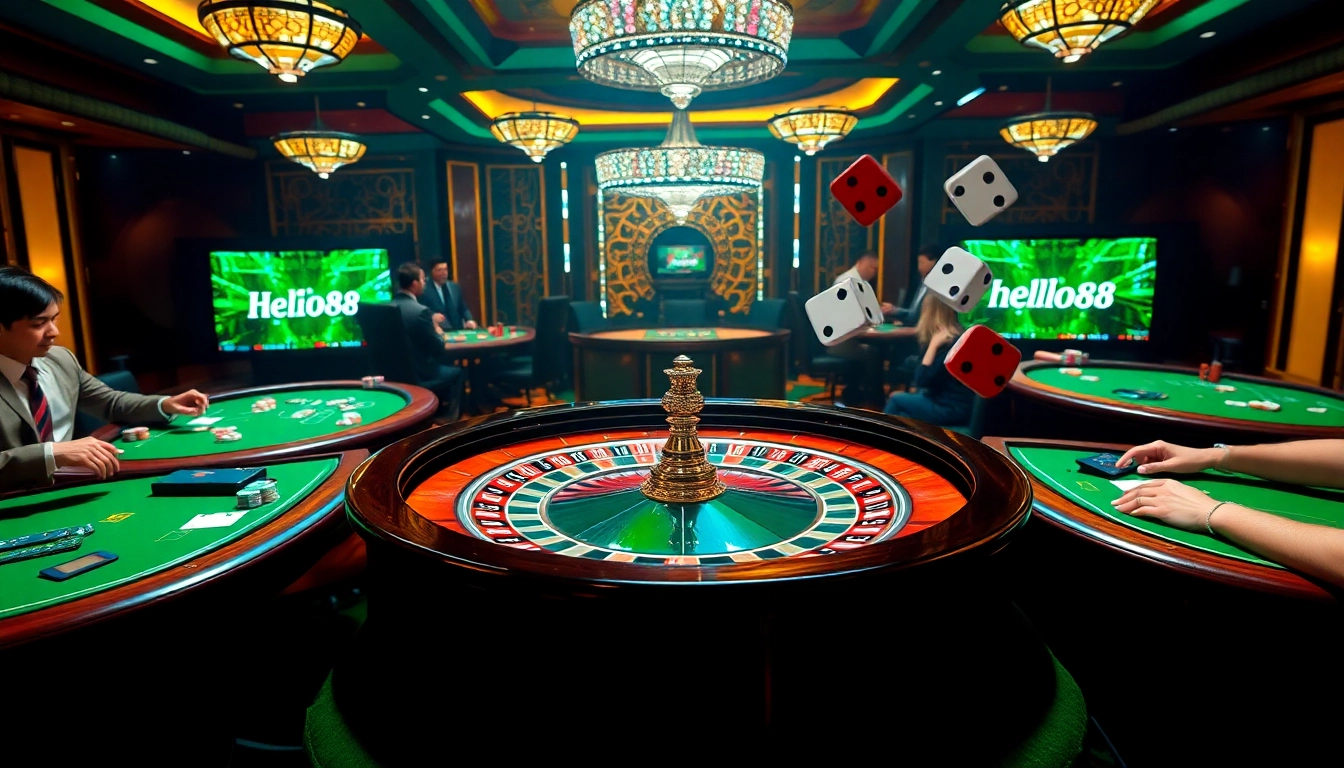 Hello88 casino scene with players engaging at gaming tables and vibrant roulette wheel.