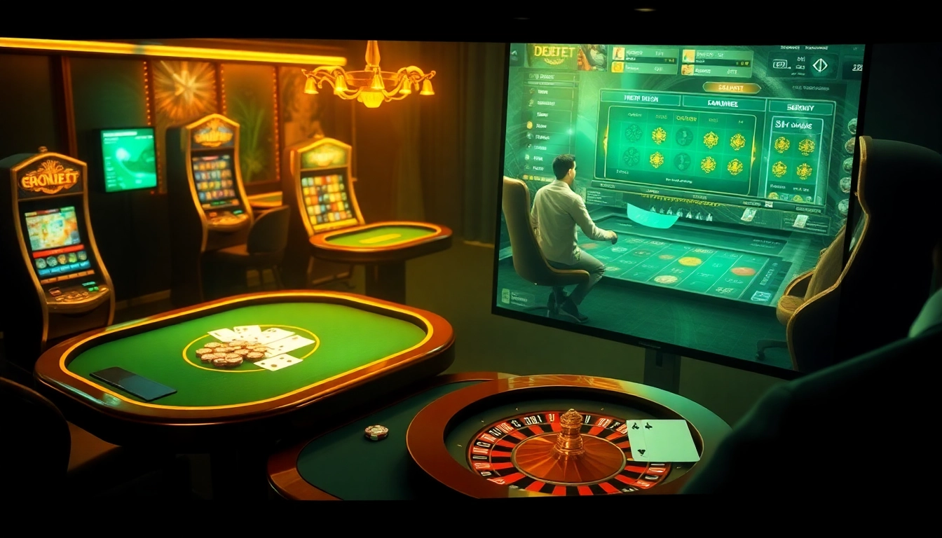 Experience the thrill of betting at DEBET trang chủ with vibrant casino visuals featuring poker tables and roulette wheels.