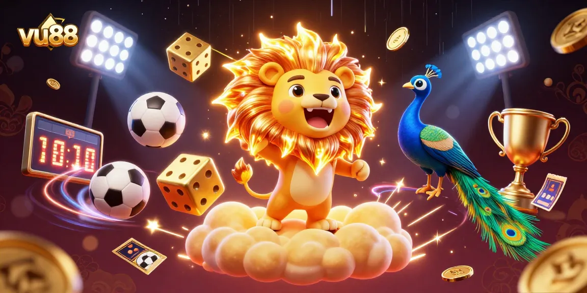 Experience thrilling gaming with vu88 as a 3D sun lion roars amidst dynamic sports elements.