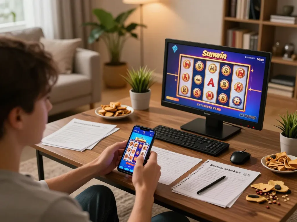 Engaging in mobile casino gameplay on Sunwin app while enjoying a cozy living room atmosphere.