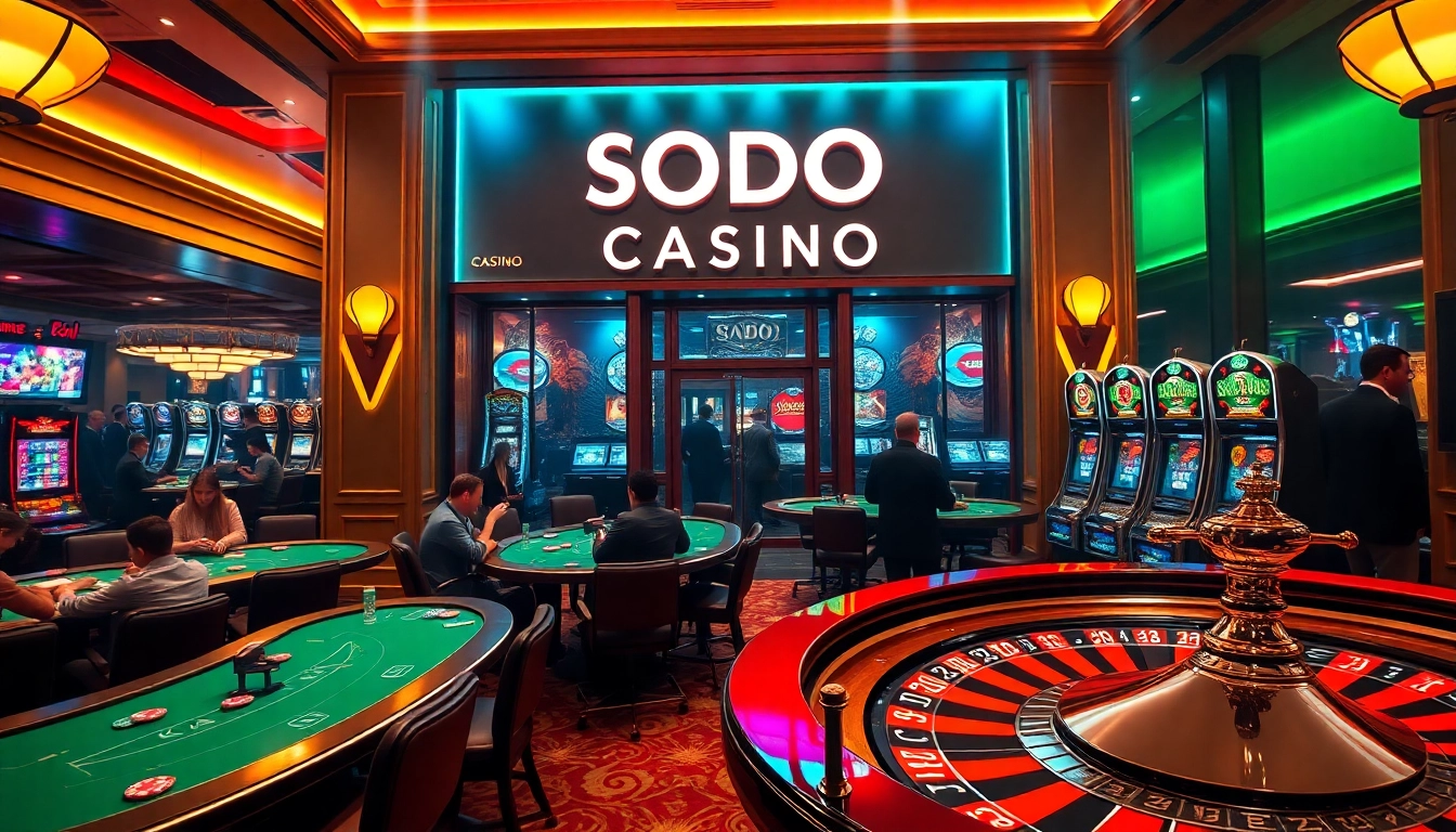SODO Casino bustling gaming floor with poker tables, roulette wheel, and vibrant slot machines.