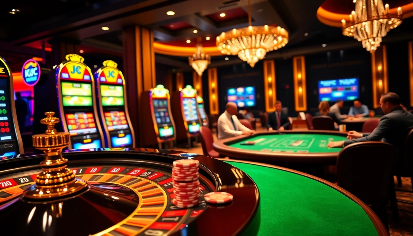 KJC players enjoying a luxurious casino experience with slot machines and roulette tables.