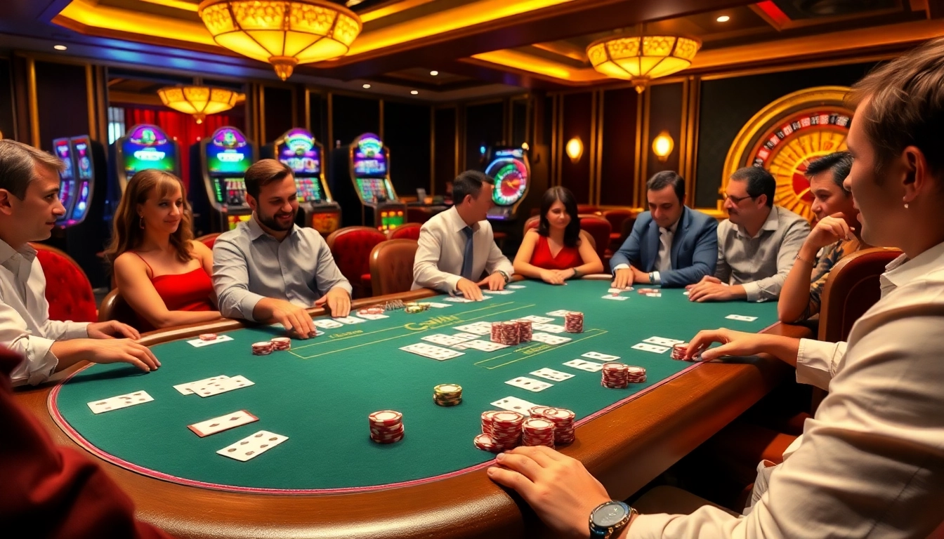 Players enjoying a strategic poker game at bomwin1.it.com in a luxurious casino setting.