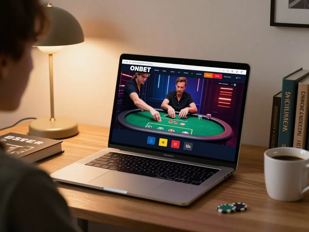 Engaging in poker gameplay on the ONBET platform with a modern home setup.