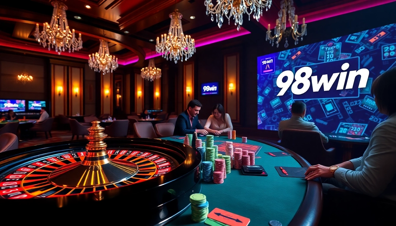 Players engage in high-stakes card games at a glamorous 98win casino table.