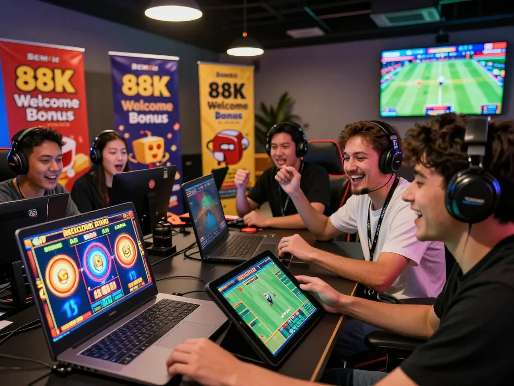 Group of players enjoying games at BEM88, showcasing excitement and vibrant gaming atmosphere.