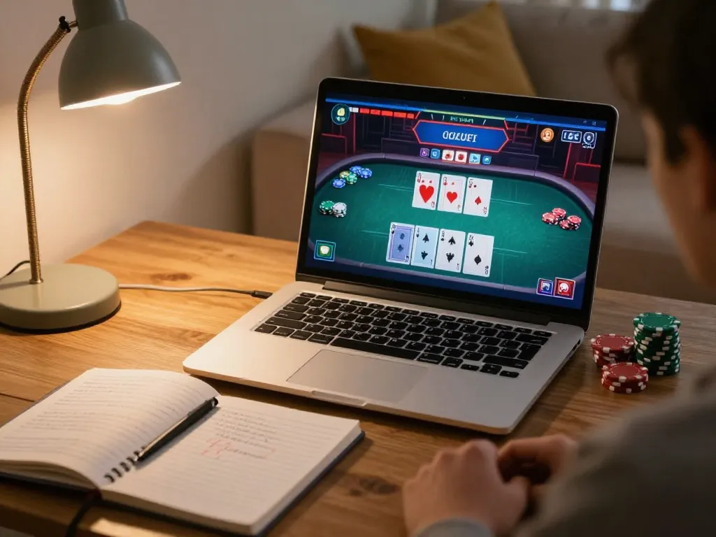 Engaging online poker session at home featuring tr88 platform with cards and chips visible on screen.
