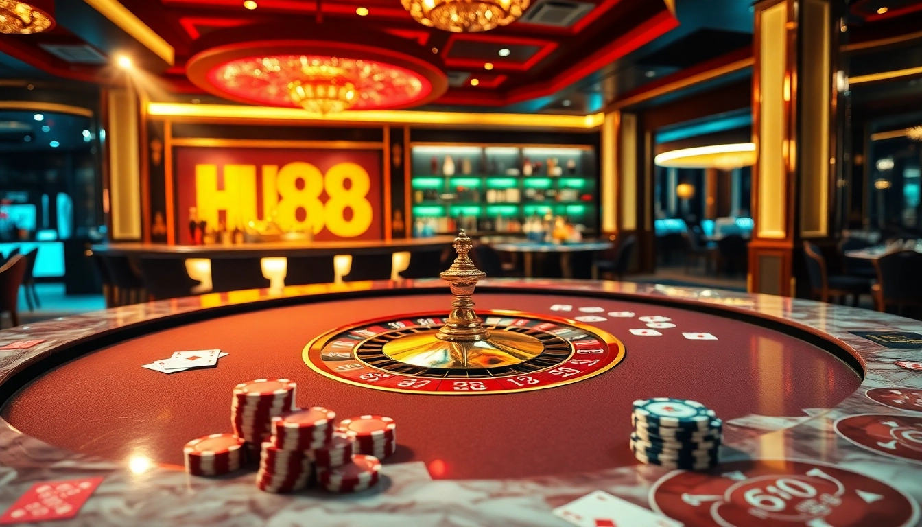 Experience the excitement at the HU88 casino table with poker chips and cards in play.