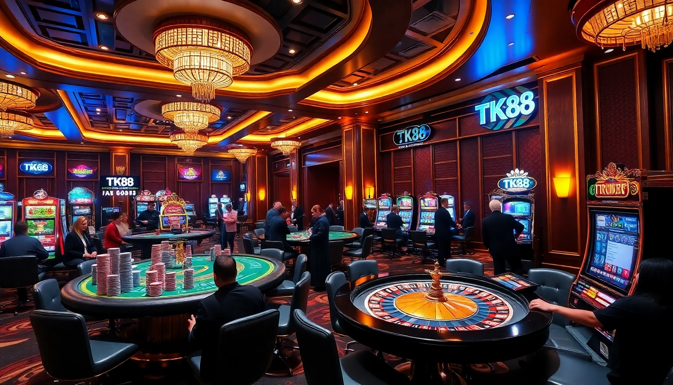 TK88 players strategizing at vibrant casino tables with classic gaming elements.