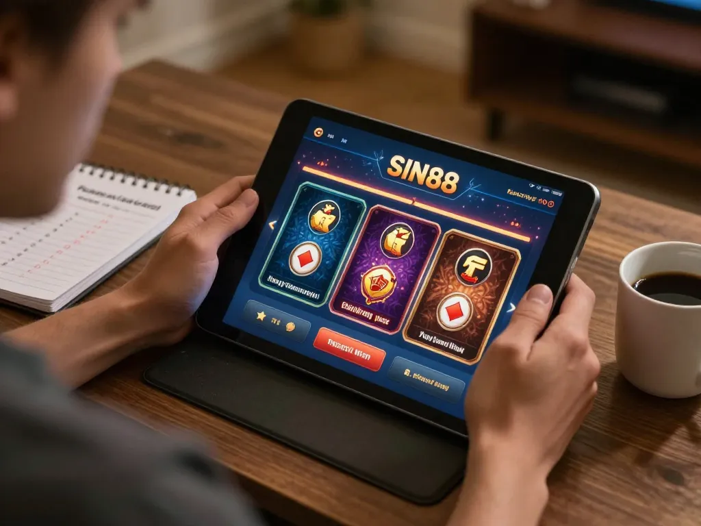 SIN88 online gaming scene showcasing a player strategizing with a tablet and notes, reflecting engaging entertainment.