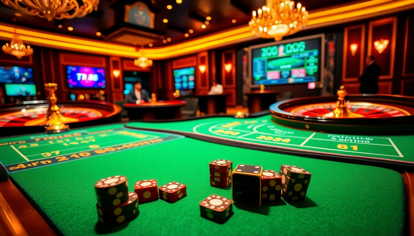 Engage in high-stakes gaming at tr88 with vibrant casino tables, roulette wheels, and illuminated poker chips.