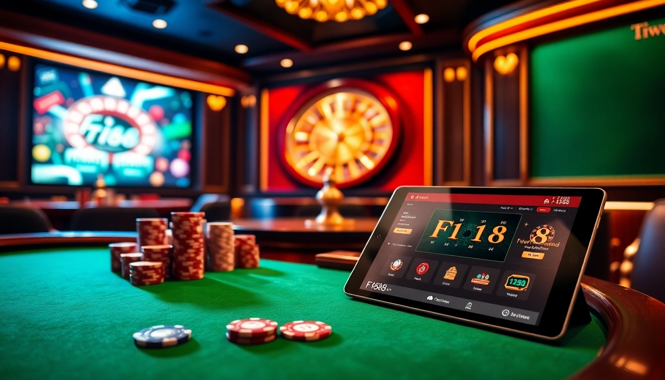 Experience thrilling gameplay at F168's luxurious casino table with vibrant poker chips and a roulette wheel.