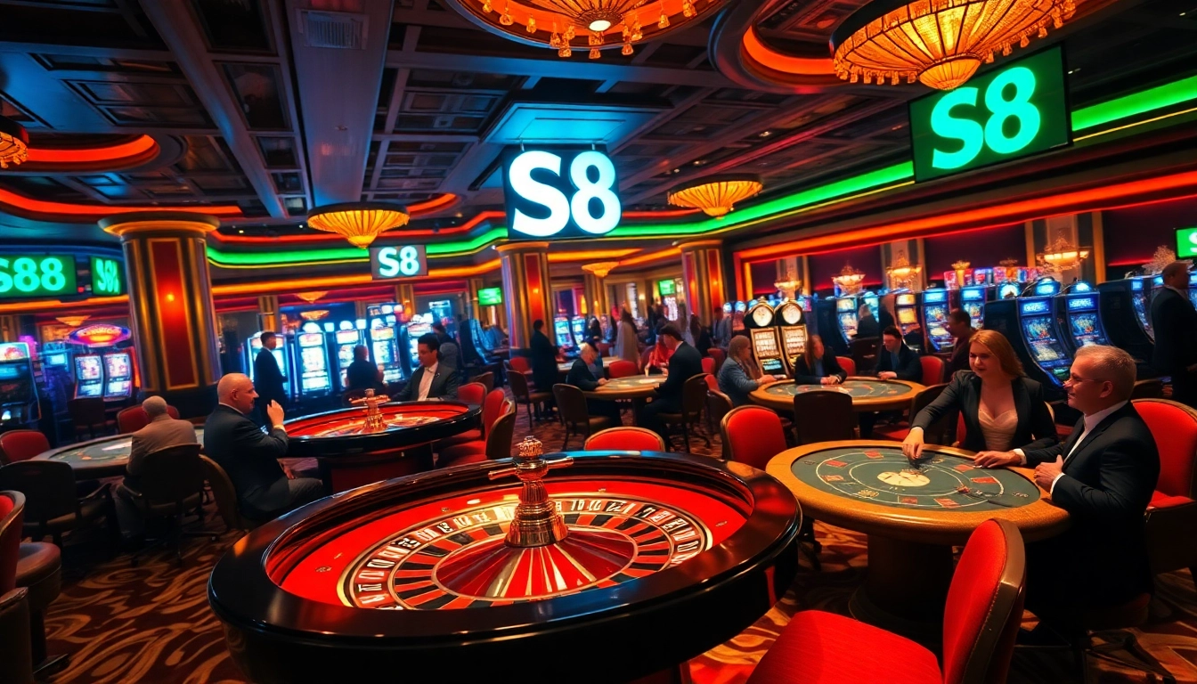 Players engaging in high-stakes gambling at S8 casino tables under luxurious lighting.