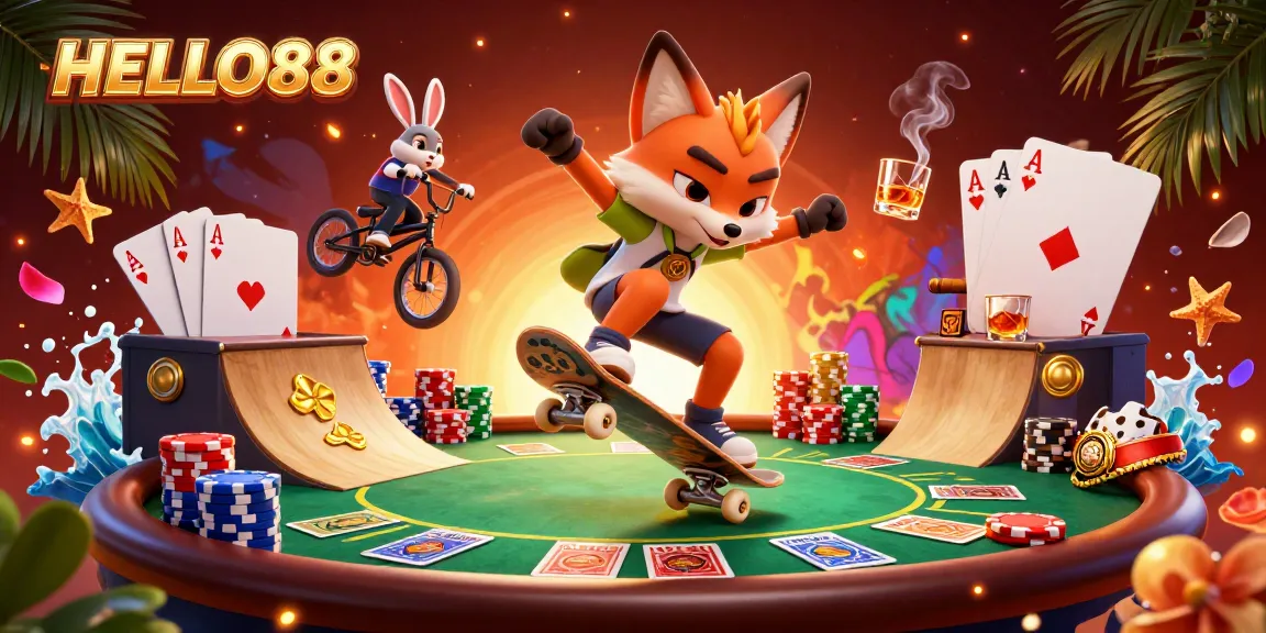Experience fast-paced gaming action with HELLO88 in this vibrant, detailed casino scene.