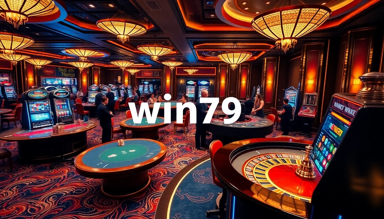 Experience the thrill of win79 with players at a modern casino table, immersed in excitement and strategy.