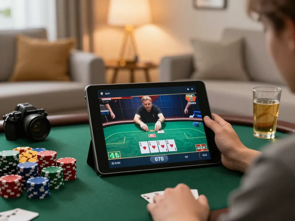 Engaging in a poker game on sunwingo app at home, showcasing strategic gameplay.