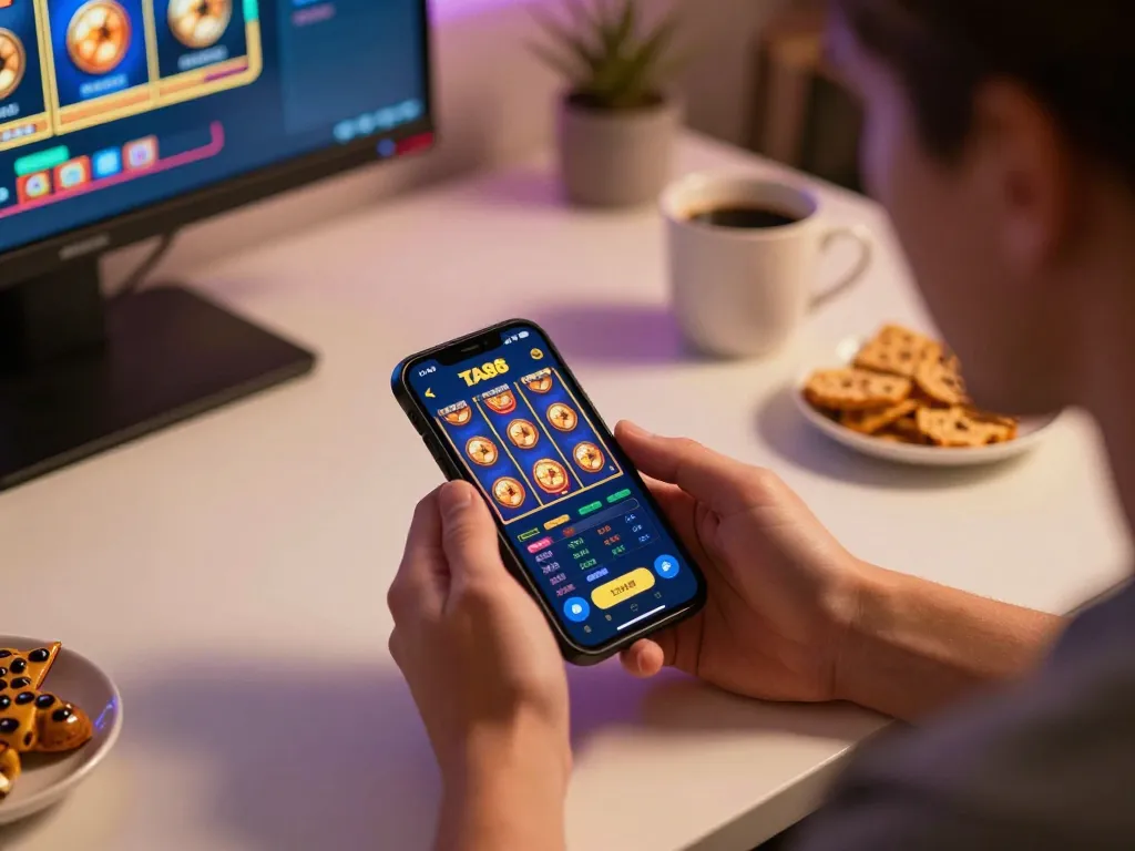 Engaging in mobile gaming on TA88 app with a smartphone, showcasing vibrant slot graphics.