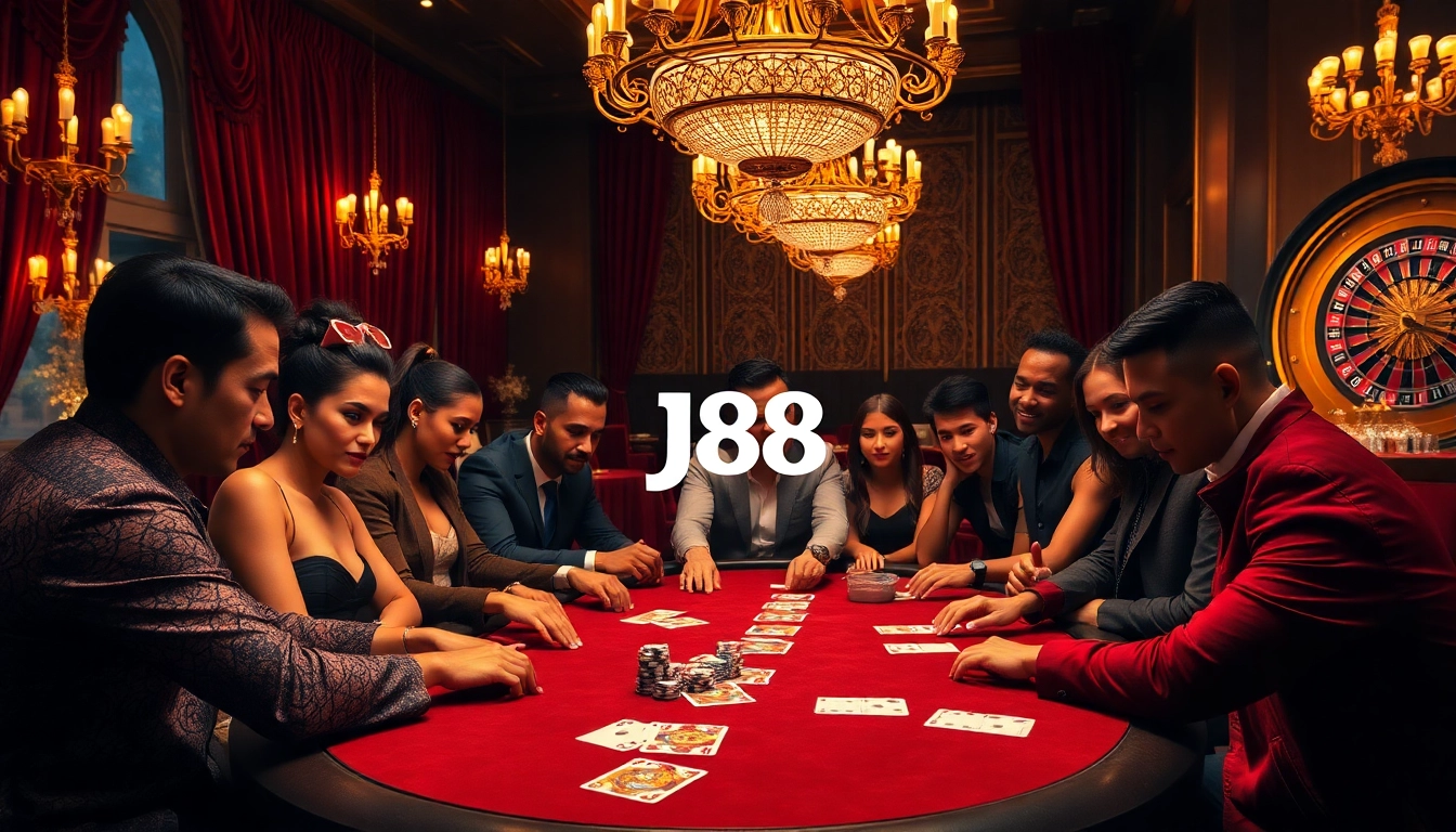 Players engaging intensely at a J88 poker table with luxurious decor in a high-stakes casino.