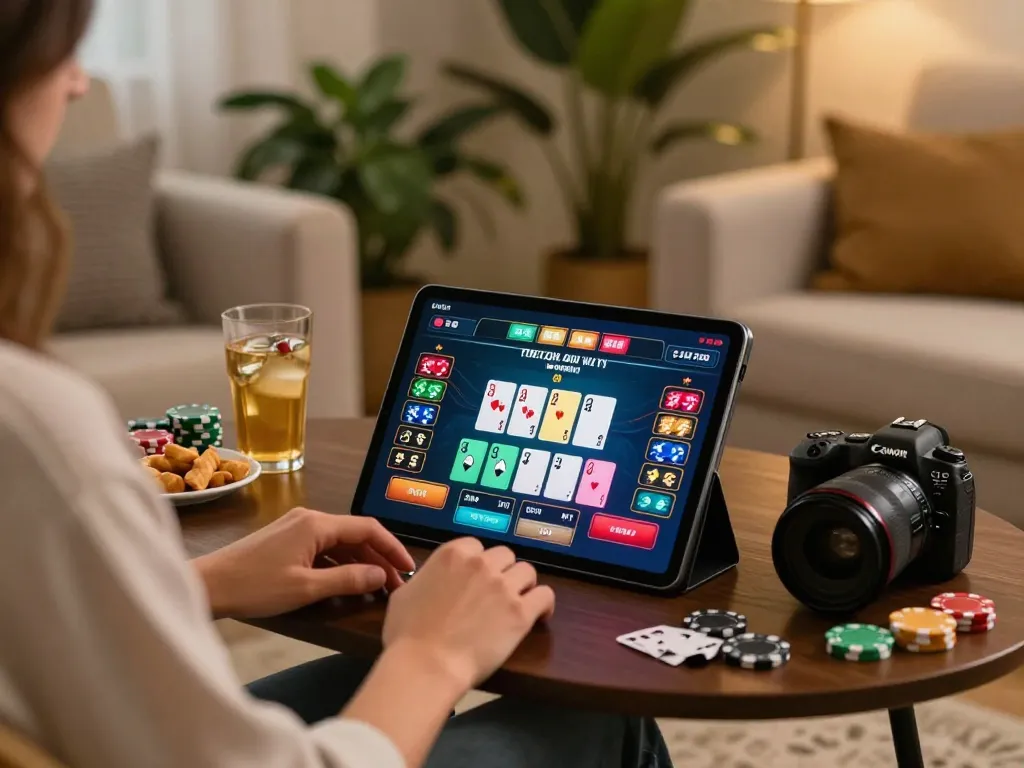 Engaging in baccarat on https://go8.agency/ with a stylish tablet setup showcasing strategic betting.