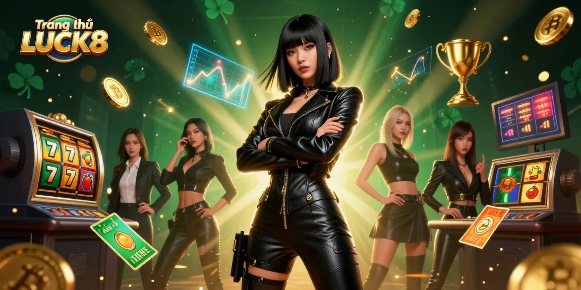 Engage with the vibrant world of Trang chủ LUCK8 featuring a powerful Asian woman surrounded by dynamic slot elements and Bitcoin coins.