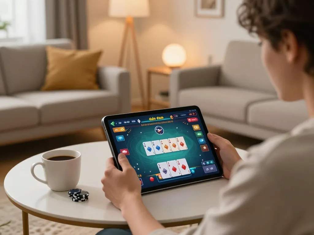 Engaging in game đánh bài đổi thưởng at home on a tablet during a cozy gaming session