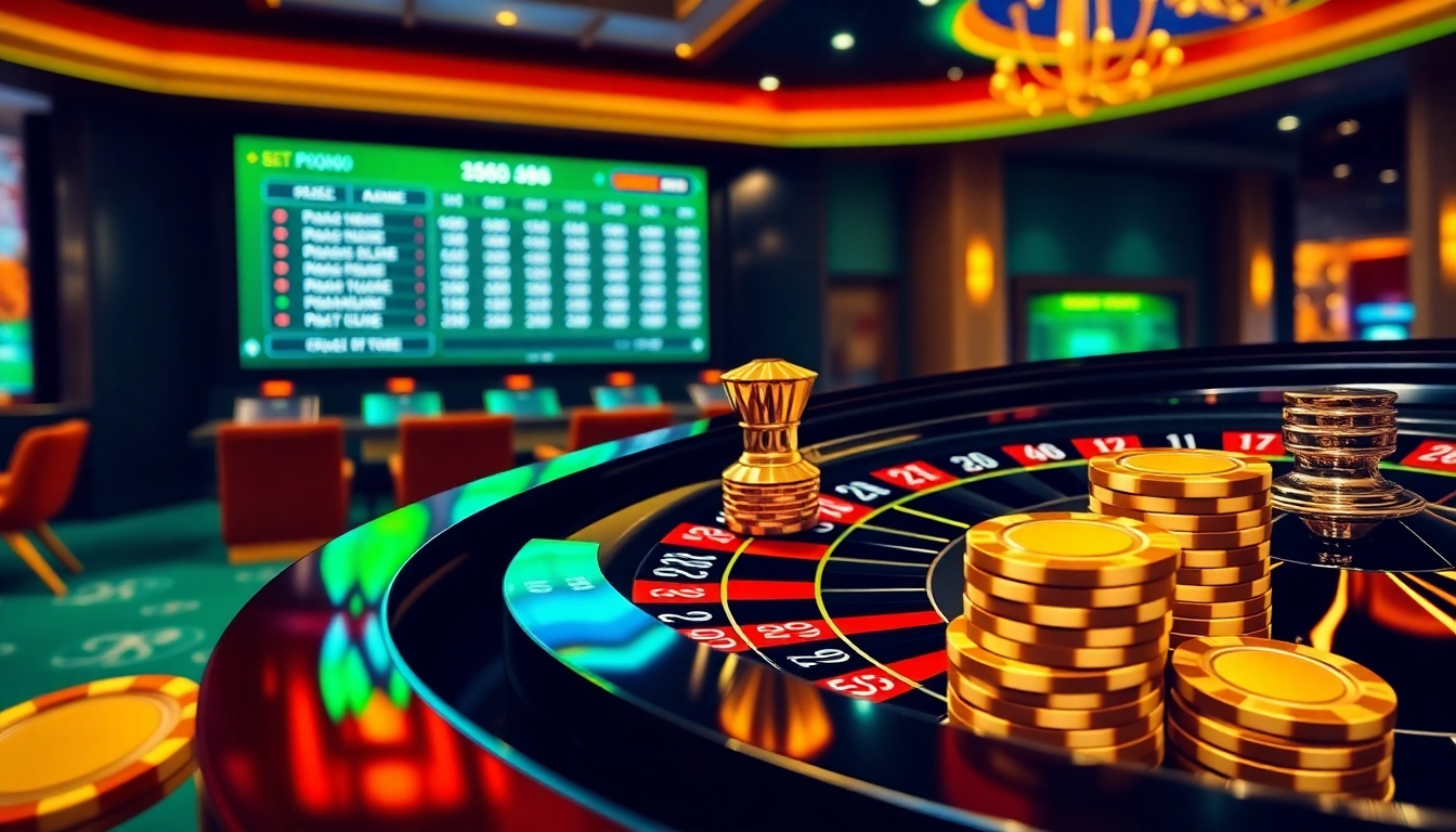 Experience thrilling gameplay at https://bem88v.com/ with a luxury casino environment featuring poker chips and a roulette wheel.