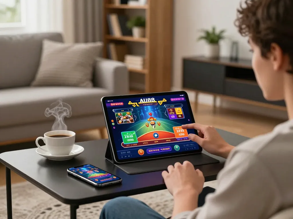 Engaging with the AU88 casino app on a stylish tablet, showcasing a vibrant online gambling scene.