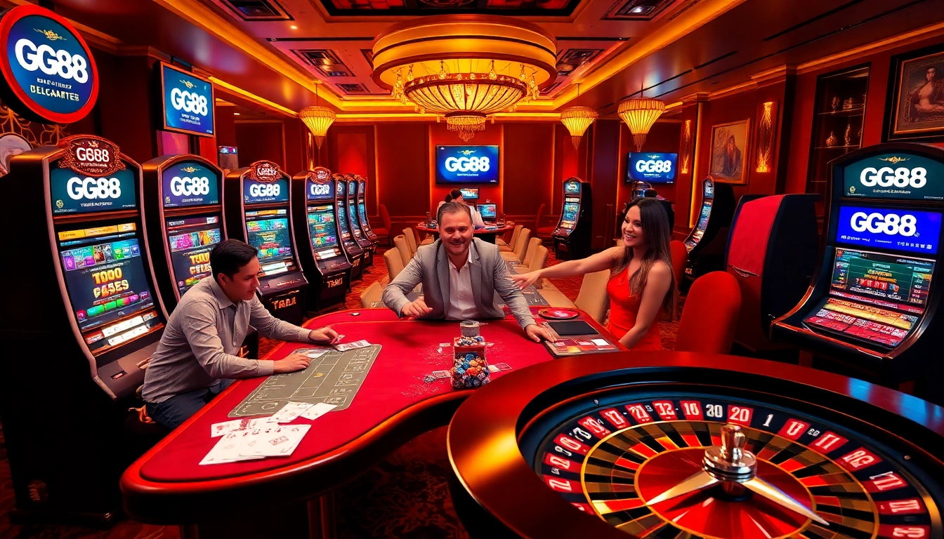 Excited players engaging with GG88 gaming tables, enjoying a thrilling online casino experience.